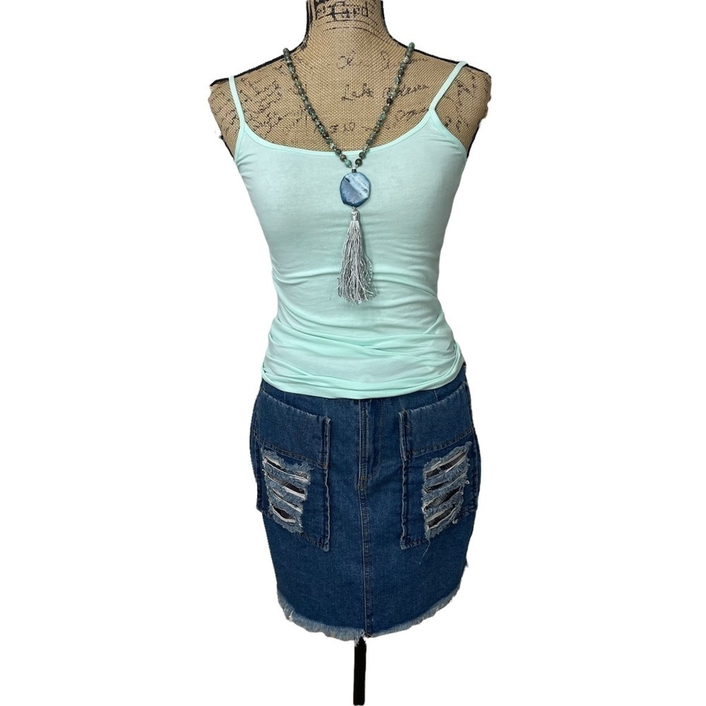 POL Boutique Distressed Plaid Patched Frayed Hem Denim Mini Skirt - Picture 4 of 13
